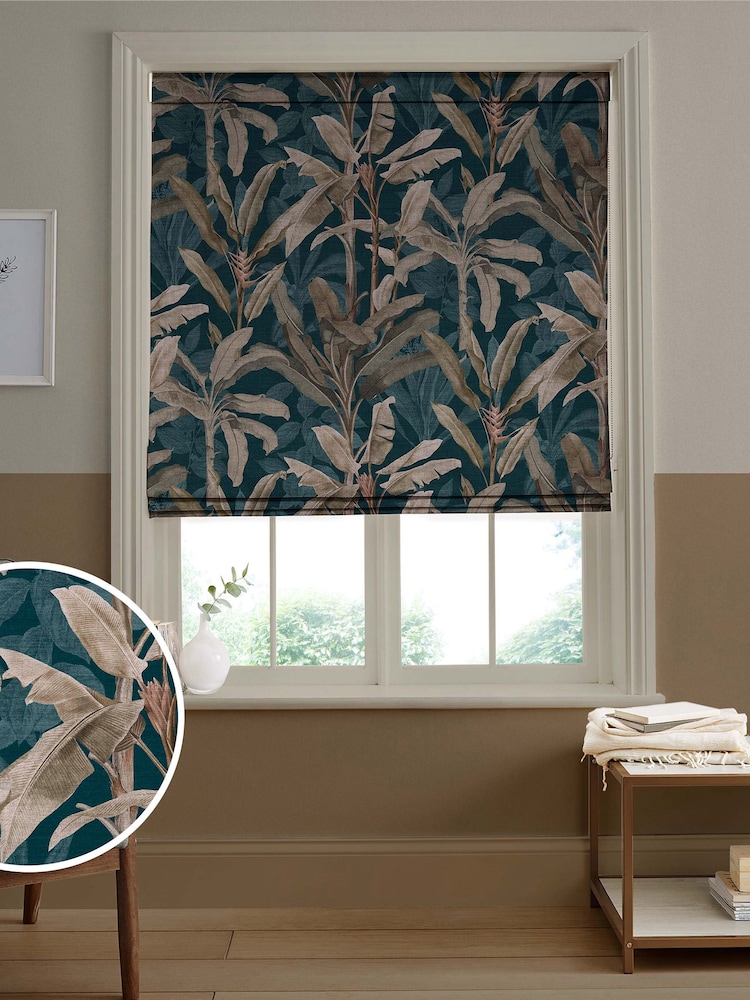 Graham & Brown Teal Blue Borneo Made to Measure Roman 100% Cotton Blind - Image 1 of 6