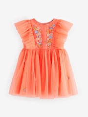 Coral Pink Embroidered Mesh Party Dress (3mths-10yrs) - Image 4 of 6