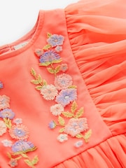 Coral Pink Embroidered Mesh Party Dress (3mths-10yrs) - Image 6 of 6