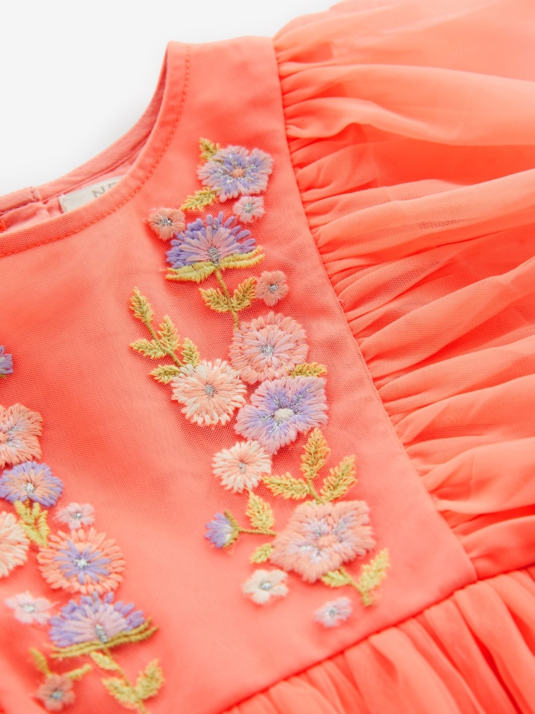Coral Pink Embroidered Mesh Party Dress (3mths-10yrs) - Image 6 of 6