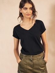Black Shallow V-Neck 100% Cotton Rich Cap Sleeve T-Shirt - Image 1 of 6