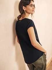 Black Shallow V-Neck 100% Cotton Rich Cap Sleeve T-Shirt - Image 4 of 6