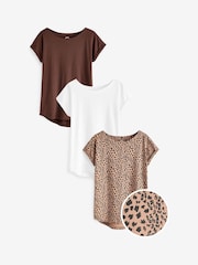 White/Brown/Animal Cap Sleeve 100% Cotton T-Shirts 3 Pack - Image 1 of 7