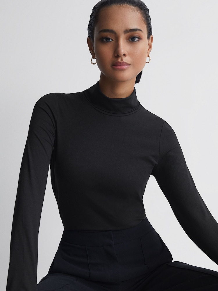 Reiss Black Piper Fitted Roll Neck T-Shirt - Image 1 of 5