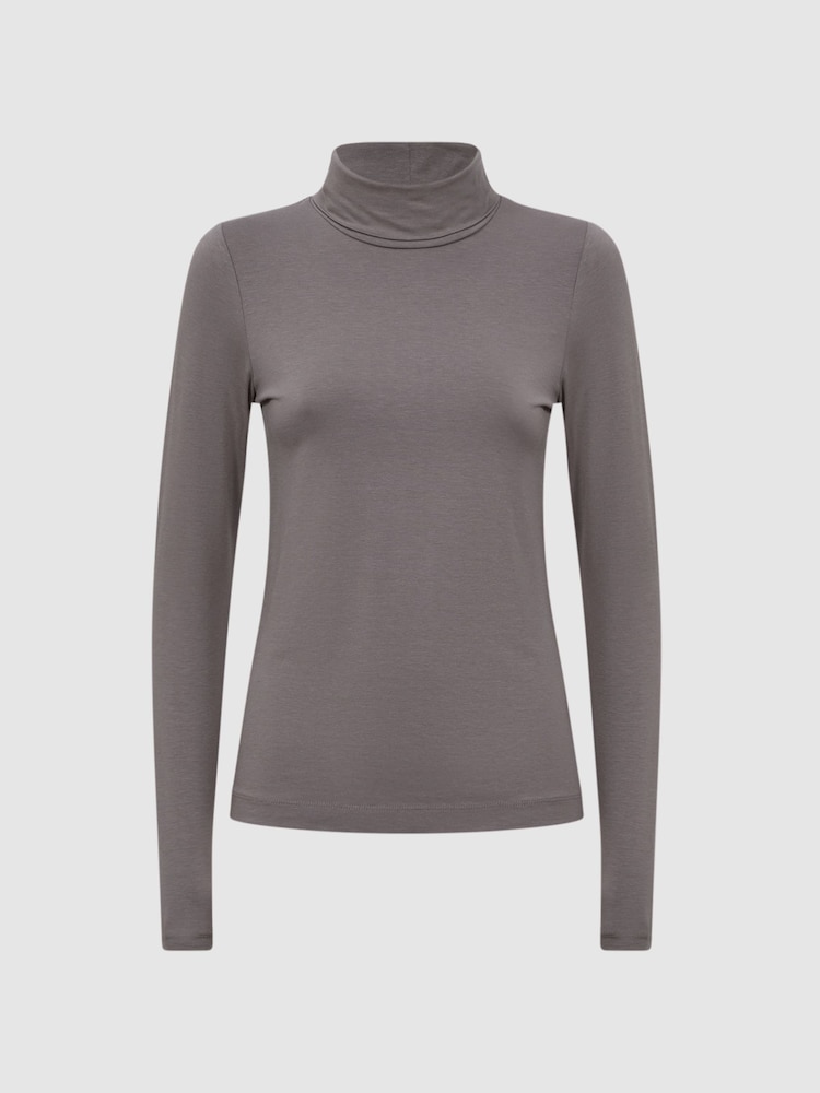 Reiss Taupe Piper Fitted Roll Neck T-Shirt - Image 1 of 4