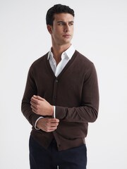 Reiss Bitter Chocolate West Merino Wool Cardigan - Image 1 of 7