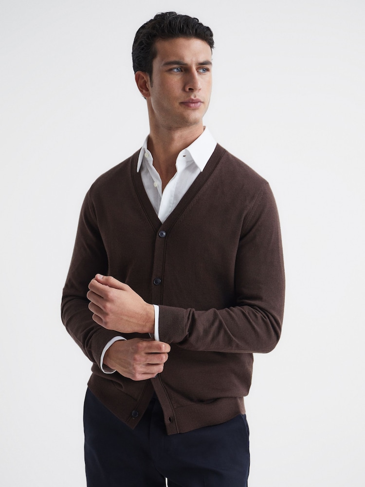 Reiss Bitter Chocolate West Merino Wool Cardigan - Image 1 of 7