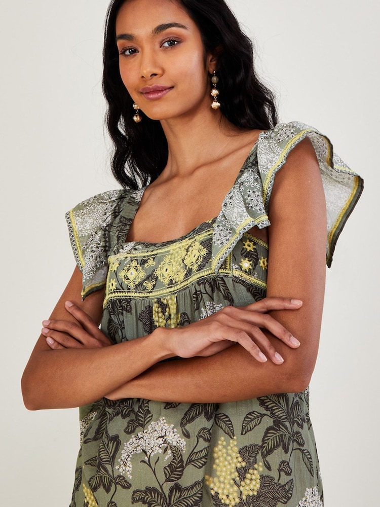 Monsoon Green Heritage Print Square Neck Embroidered Sleeveless Top - Image 1 of 4