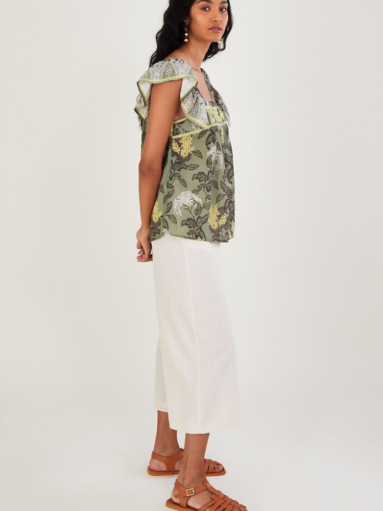 Monsoon Green Heritage Print Square Neck Embroidered Sleeveless Top - Image 2 of 4