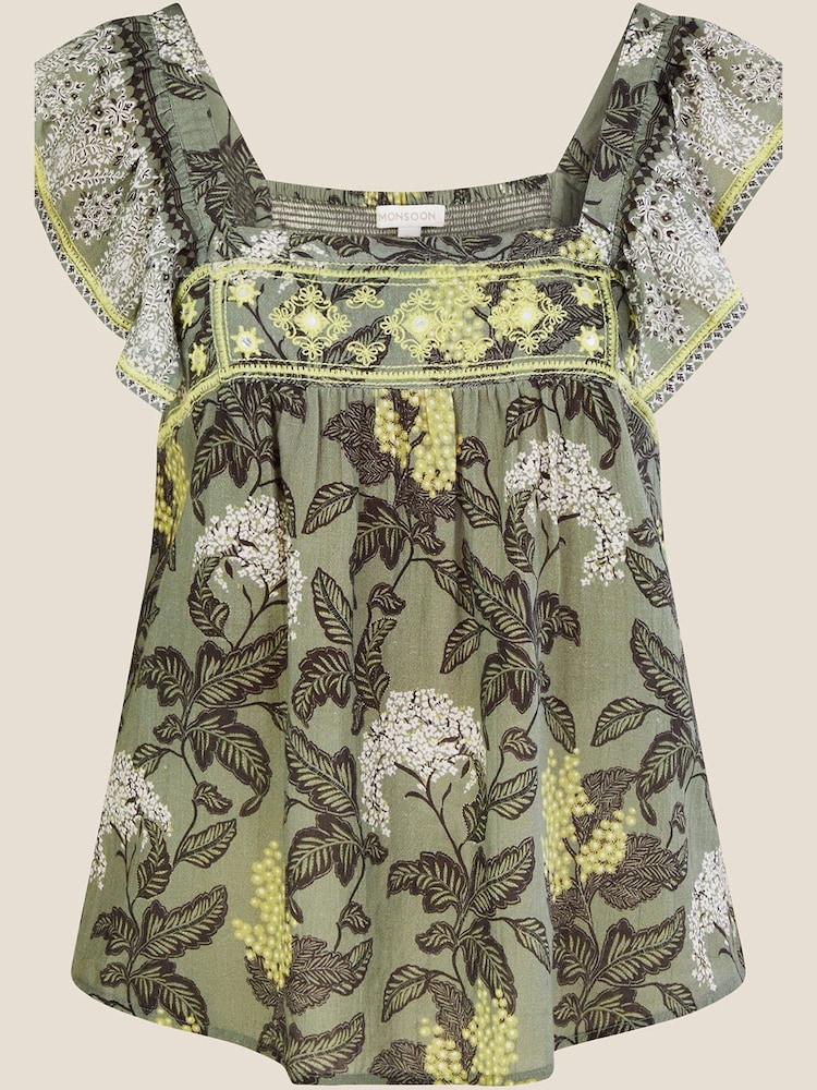 Monsoon Green Heritage Print Square Neck Embroidered Sleeveless Top - Image 4 of 4