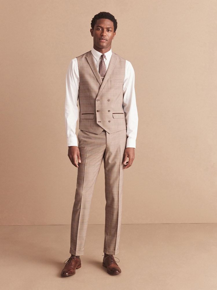 Taupe Regular Fit Check Suit Waistcoat - Image 2 of 12