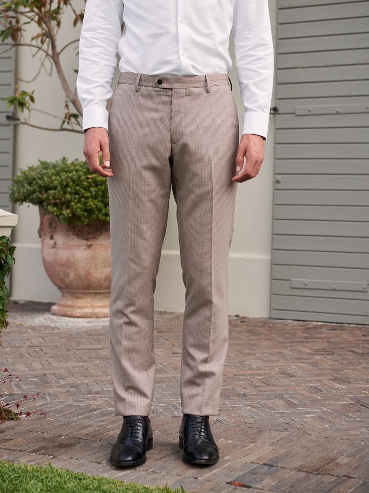 Taupe Brown Slim Fit Wool Blend Check Suit: Trousers - Image 1 of 7