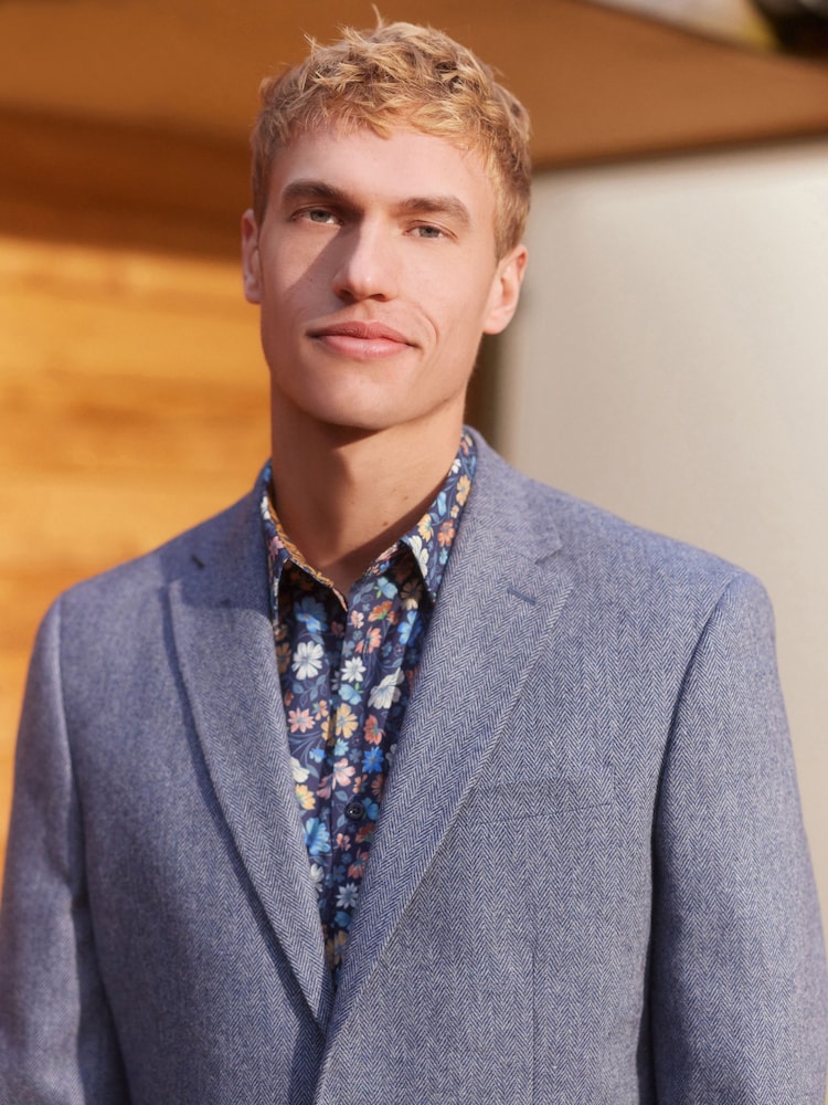 Navy Blue Regular Fit Nova Fides Wool Herringbone Suit Jacket - Image 1 of 15