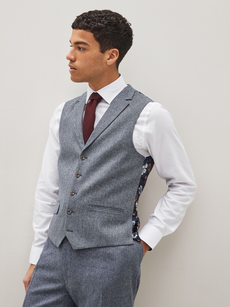 Navy Nova Fides Wool Blend Herringbone Suit Waistcoat - Image 1 of 13