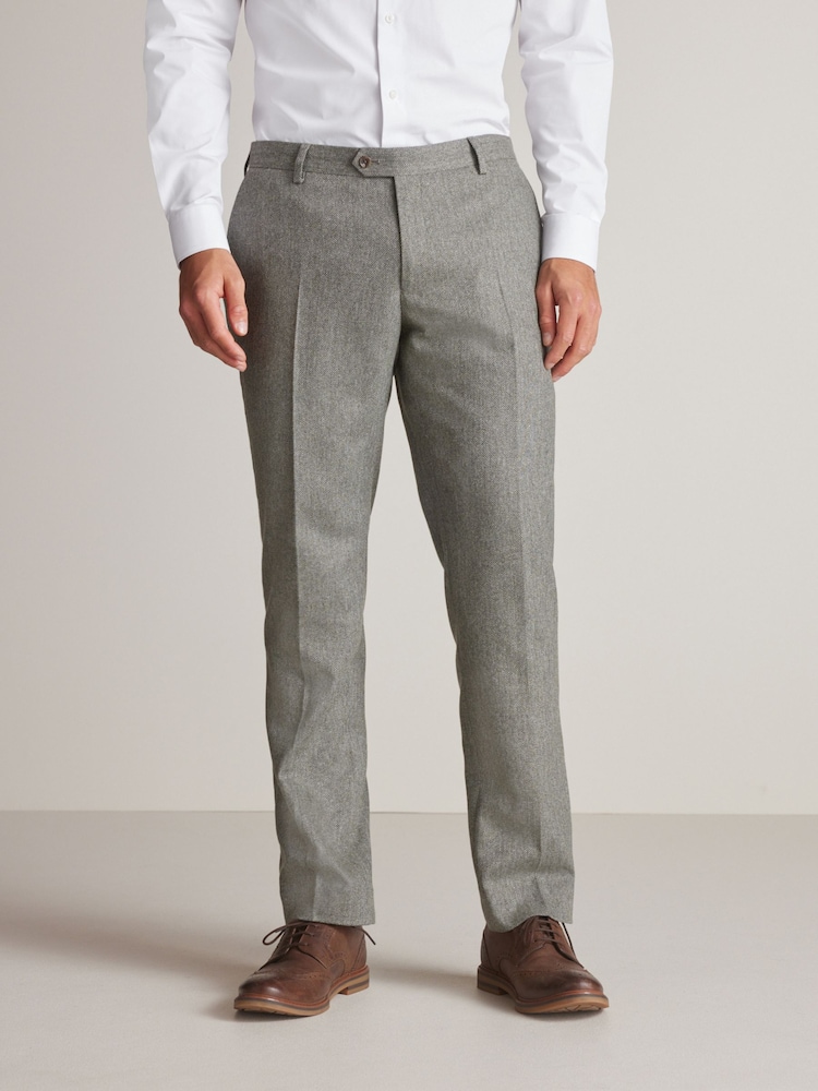 Sage zelena - v lepo prilegajočem se kroju; lepo ukrojen Fit Nova Fides Wool Blend Herringbone elegantne hlače - Slika 1 iz 9
