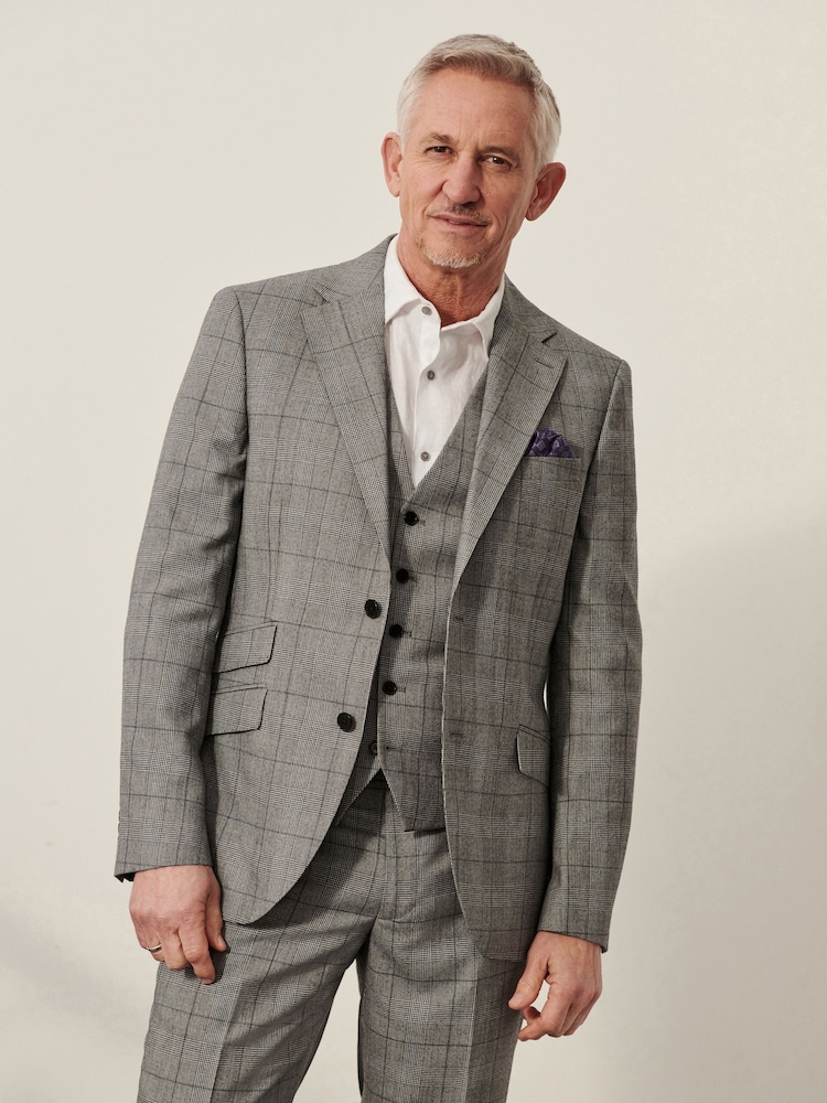 Mid Grey Tailored Fit Wool Blend Check Suit Jacket - Image 1 of 11