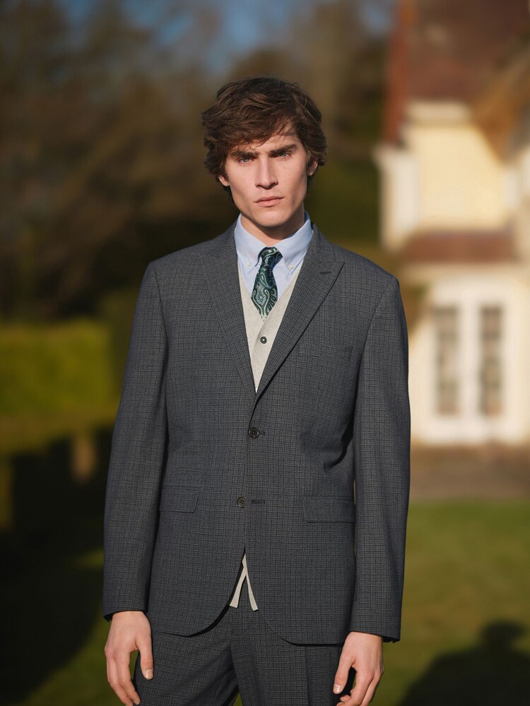 Navy Blue Tailored Wool Blend Check Suit Jacket - Image 1 of 11