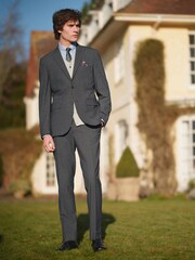 Navy Blue Tailored Wool Blend Check Suit Jacket - Image 2 of 11