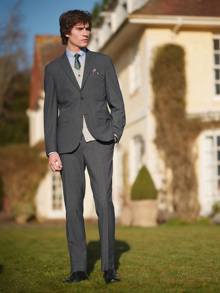 Navy Blue Tailored Wool Blend Check Suit Jacket - Image 2 of 11