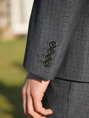 Navy Blue Tailored Wool Blend Check Suit Jacket - Image 4 of 11