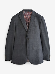 Navy Blue Tailored Wool Blend Check Suit Jacket - Image 6 of 11