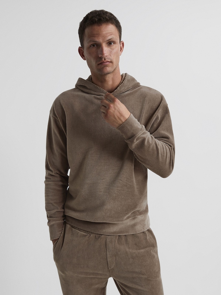 Reiss Mocha Luis Velour Cord Hooded Sweatshirt - Image 1 of 5
