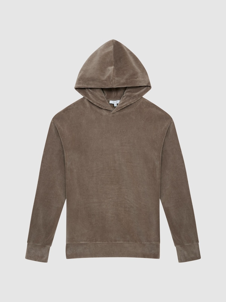 Reiss Mocha Luis Velour Cord Hooded Sweatshirt - Image 2 of 5