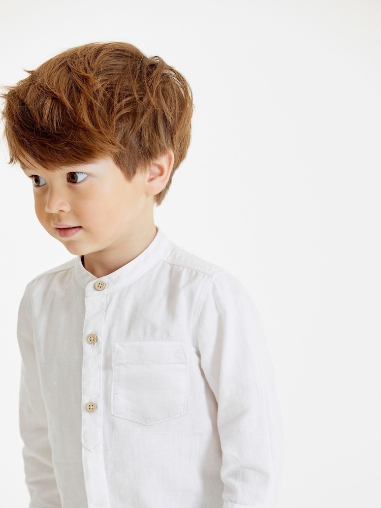 White Grandad Collar Linen Mix Shirt (3mths-7yrs) - Image 1 of 1