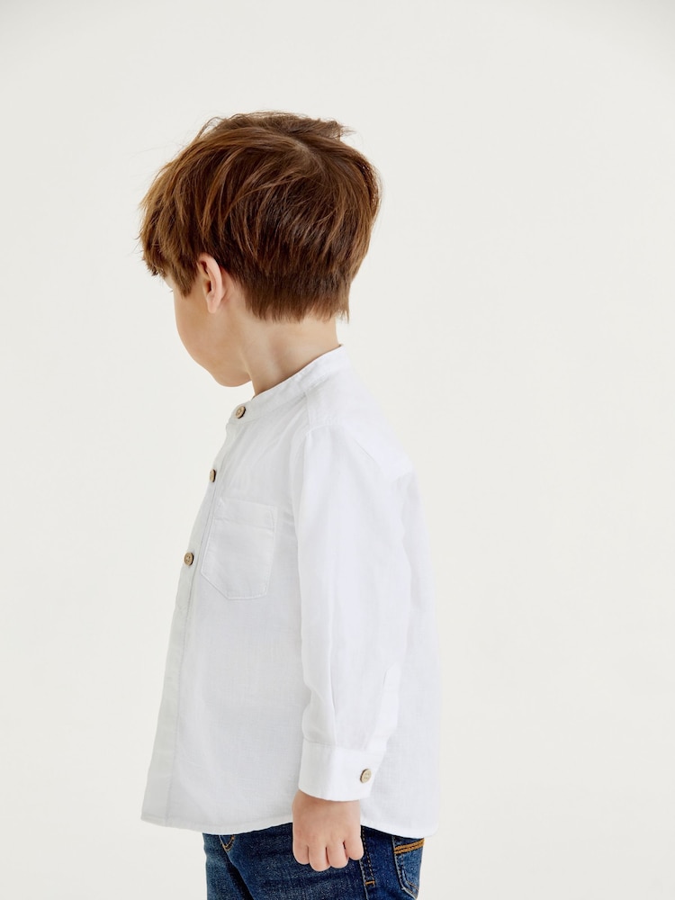 White Grandad Collar Linen Mix Shirt (3mths-7yrs) - Image 3 of 6
