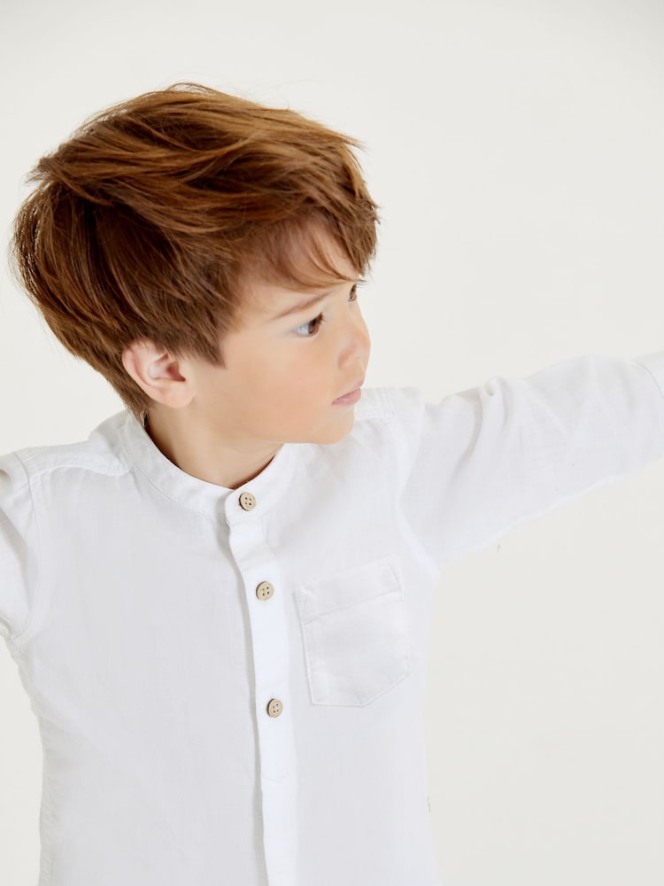 White Grandad Collar Linen Mix Shirt (3mths-7yrs) - Image 4 of 6