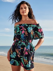 Navy Blue Floral Off Shoulder Playsuit - Image 1 of 4