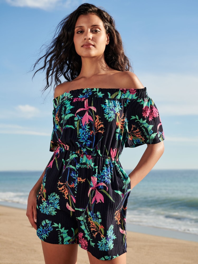 Navy Blue Floral Off Shoulder Playsuit - Image 1 of 4