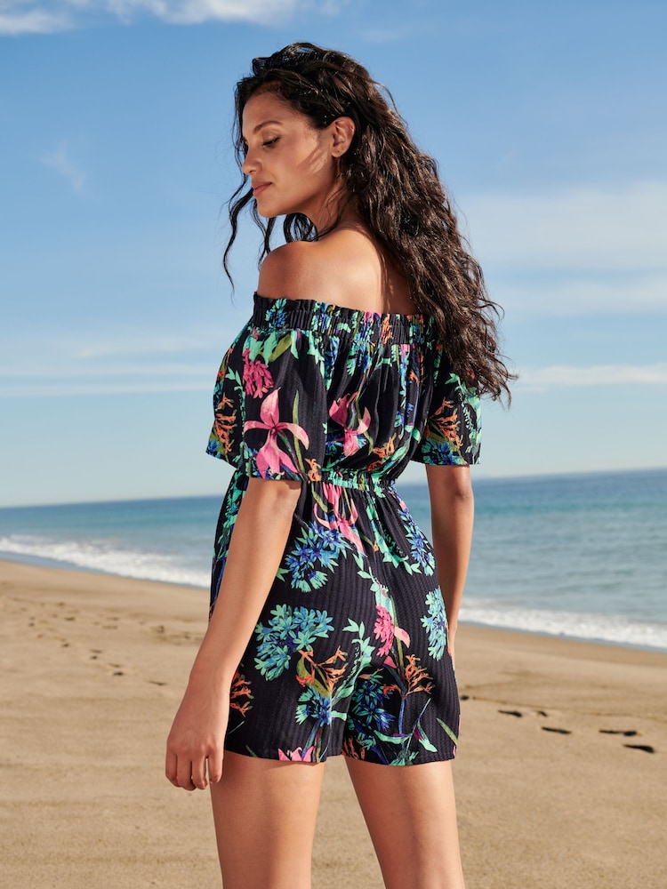 Navy Blue Floral Off Shoulder Playsuit - Image 2 of 4