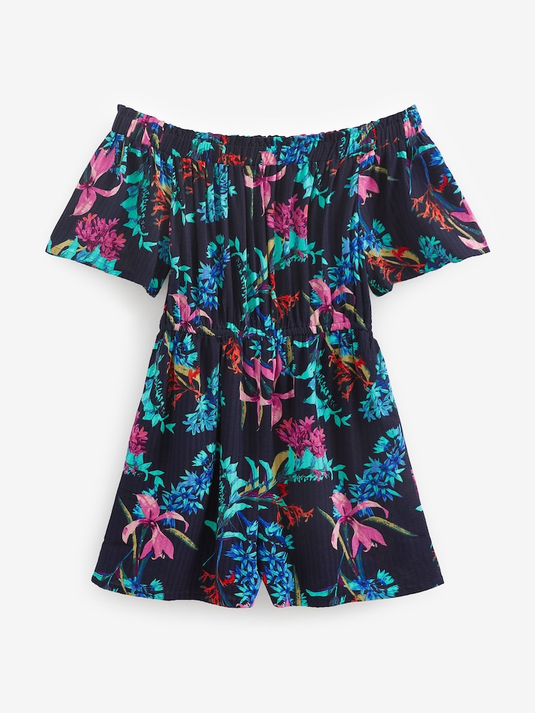 Navy Blue Floral Off Shoulder Playsuit - Image 4 of 4