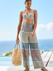 Blue Woodblock Elasticated Waist Full Length Wide Leg Trousers - Image 1 of 5