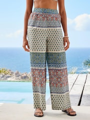 Blue Woodblock Elasticated Waist Full Length Wide Leg Trousers - Image 2 of 5