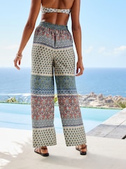 Blue Woodblock Elasticated Waist Full Length Wide Leg Trousers - Image 3 of 5
