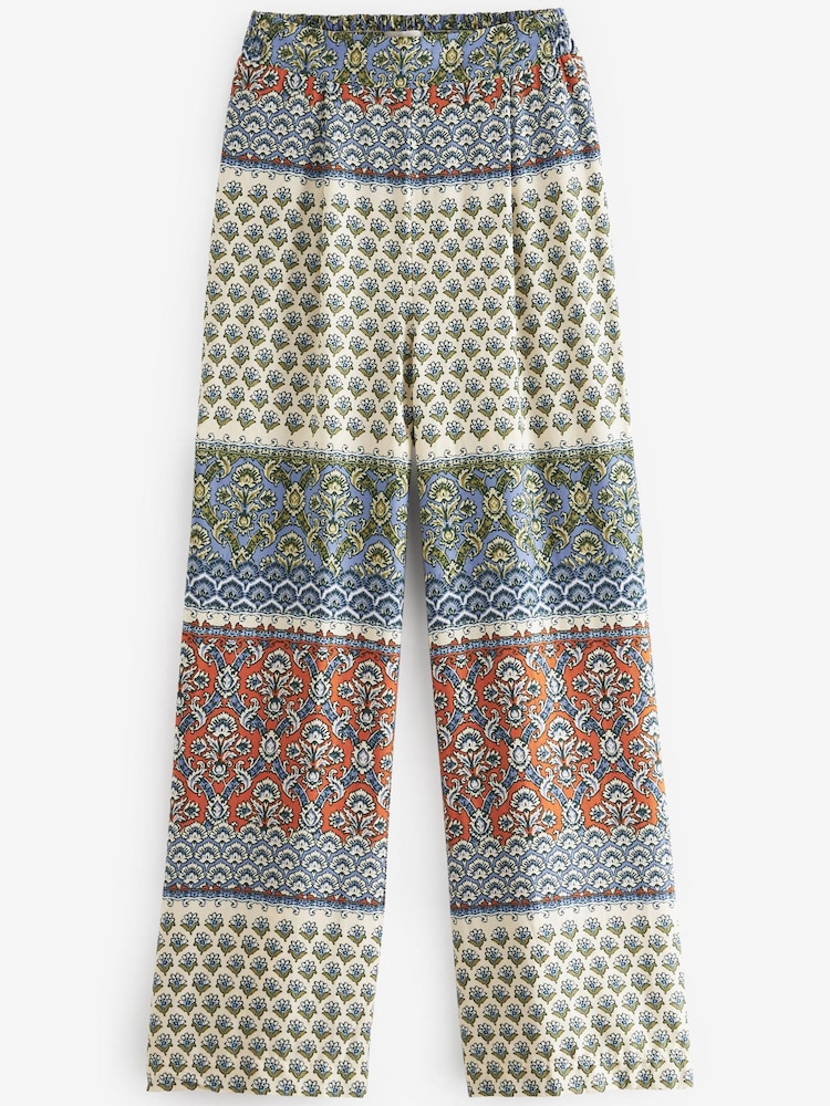 Blue Woodblock Elasticated Waist Full Length Wide Leg Trousers - Image 5 of 5