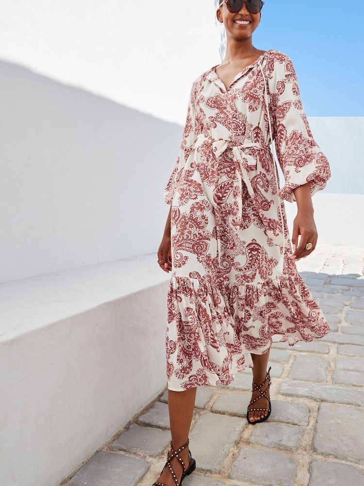 Red Paisley Red Paisley Long Sleeve Midi Summer Dress - Image 1 of 5