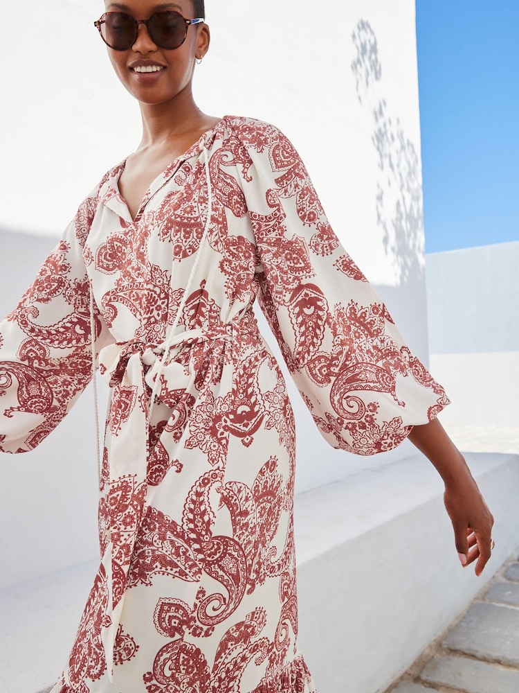 Red Paisley Red Paisley Long Sleeve Midi Summer Dress - Image 2 of 5