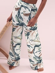 White Floral Elasticated Waist Full Length Wide Leg Trousers - Image 2 of 8