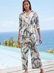 White Floral Elasticated Waist Full Length Wide Leg Trousers - Image 6 of 8