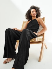 Black Halterneck Plissé Jumpsuit - Image 1 of 6
