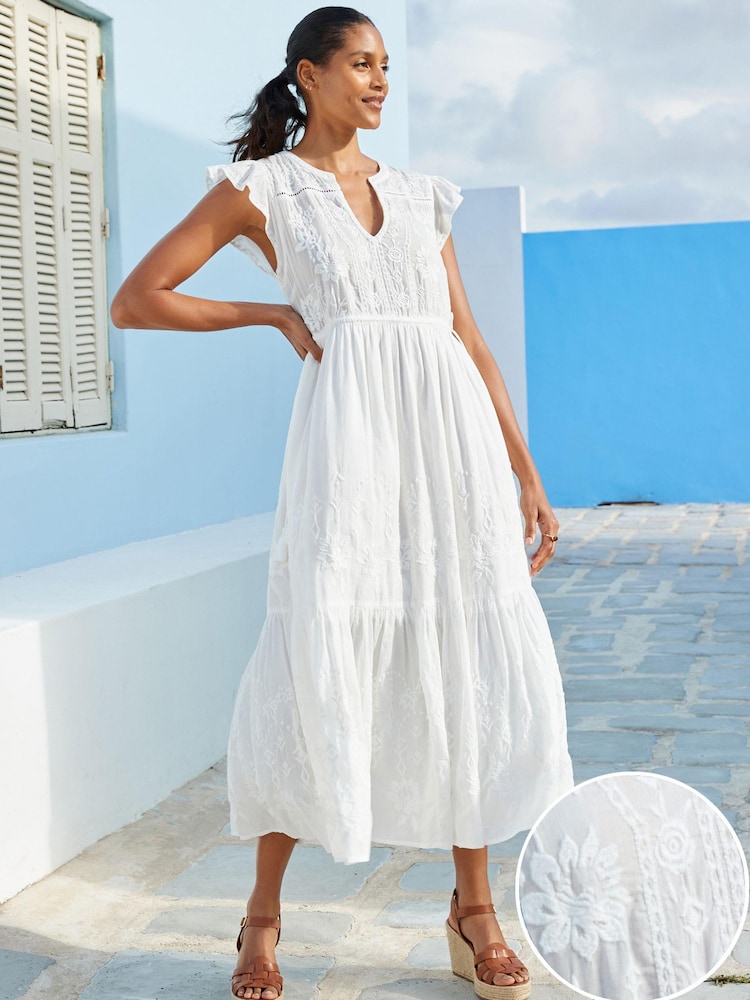 White Embroidered Cotton V-Neck Tiered Midi Summer Dress - Image 1 of 6