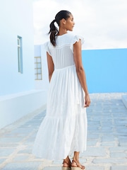 White Embroidered Cotton V-Neck Tiered Midi Summer Dress - Image 2 of 6