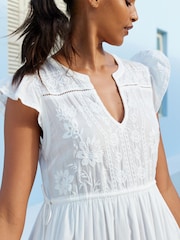 White Embroidered Cotton V-Neck Tiered Midi Summer Dress - Image 4 of 6