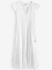 White Embroidered Cotton V-Neck Tiered Midi Summer Dress - Image 6 of 6