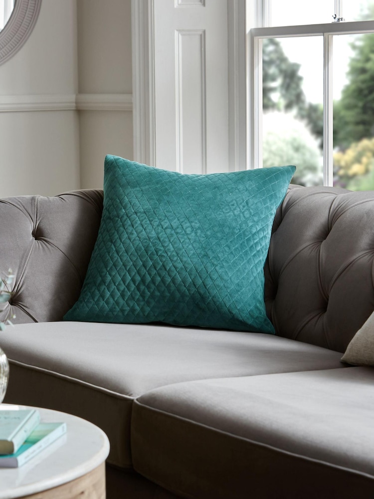 Teal Blue Velvet Quilted Hamilton 50 x 50 Cushion - Image 1 of 4