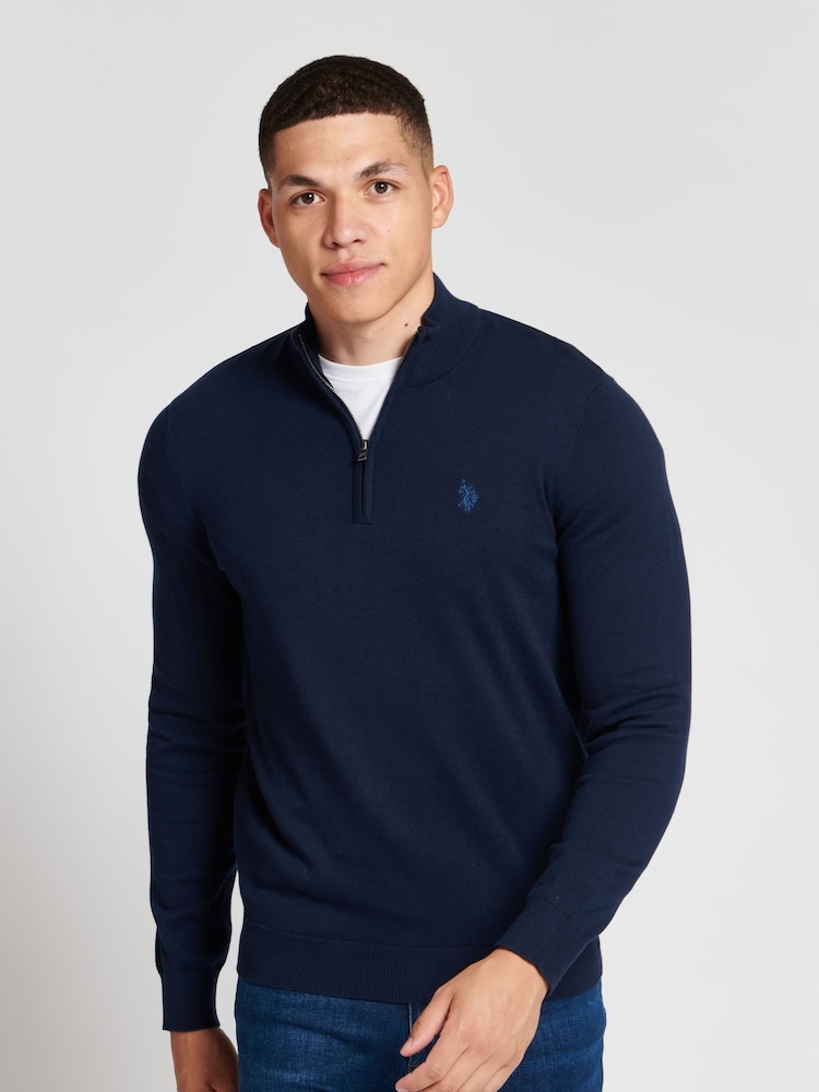U.S. Polo Assn. Mens Blue Cotton Funnel Neck Zip Knit Jumper - Image 1 of 5