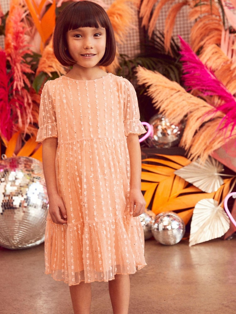 Apricot/Pastellorange - Kurzärmeliges, gestuftes Partykleid aus glitzerndem Netzstoff (3–16 J.) - Bild 1 von 6 Apricot/Pastellorange - Kurzärmeliges, gestuftes Partykleid aus glitzerndem Netzstoff (3–16 J.) - Bild 1 von 6